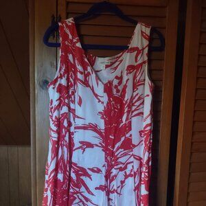 COLDWATER CREEK new 100% Linen Red And White Floral Fit And Flare Dress size 14